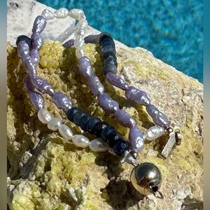 Solid 14k natural faceted blue sapphire and pearls bracelet size 6.75
